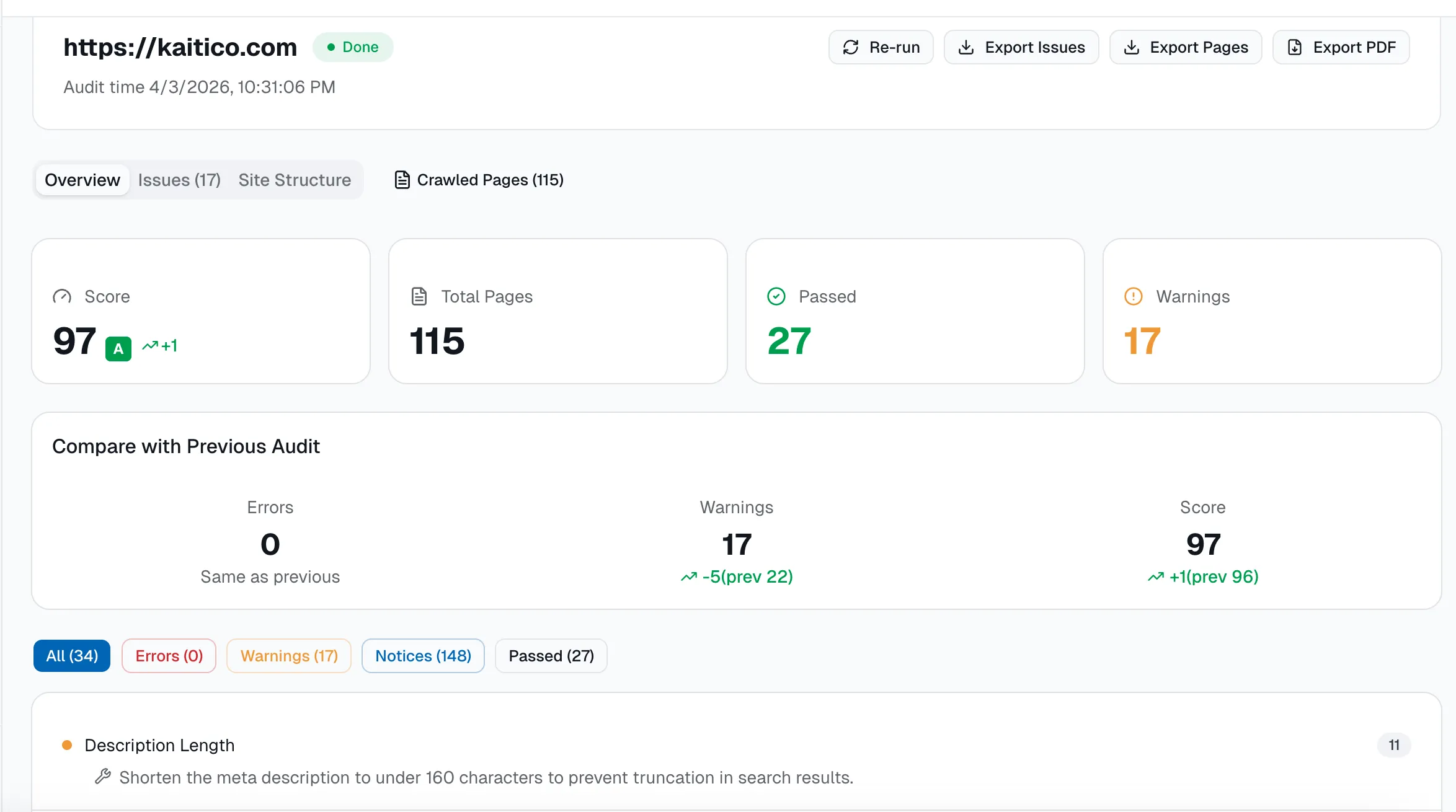 Kaitico SEO audit dashboard showing health score and issue summary
