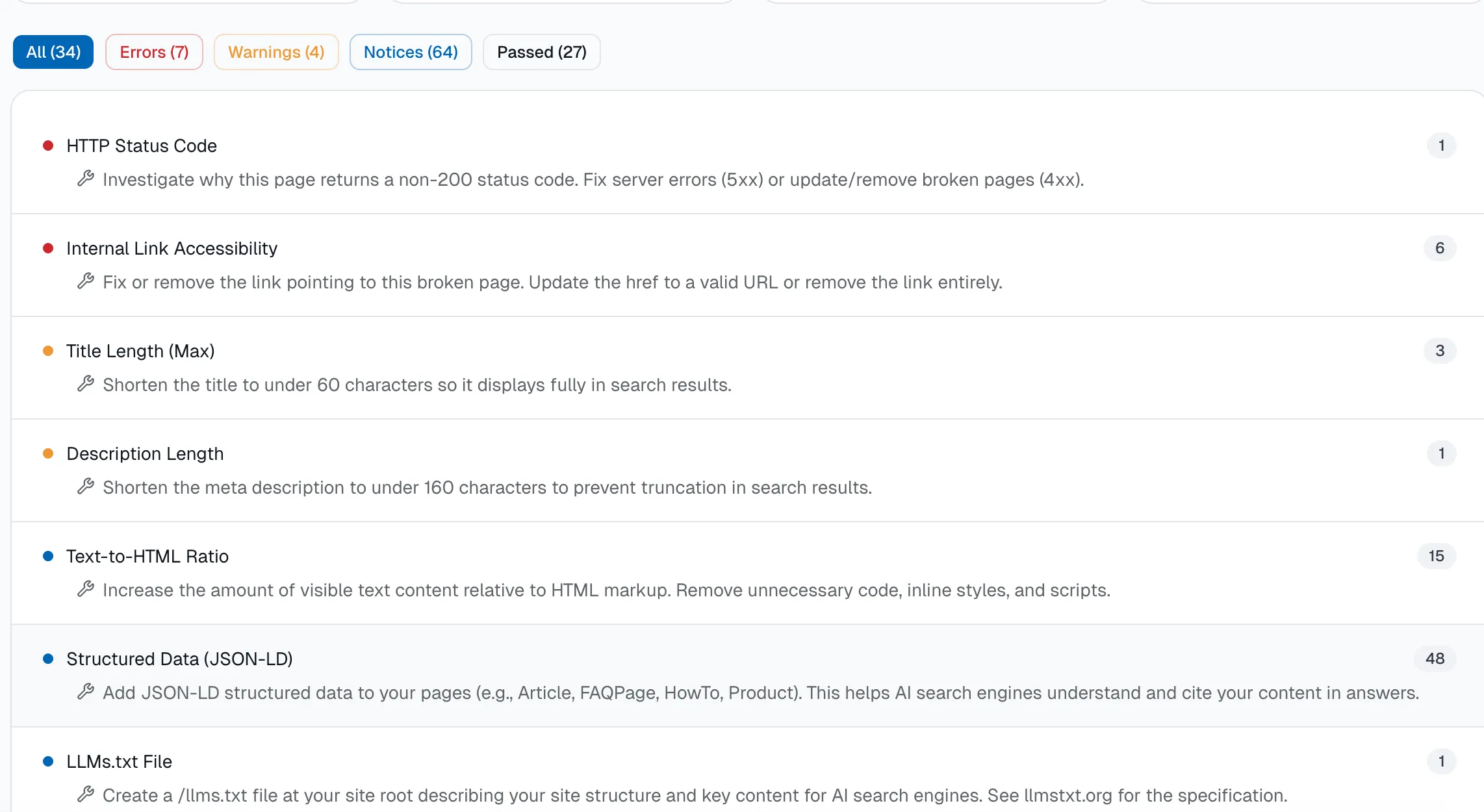 Kaitico audit issue list with errors, warnings, and notices
